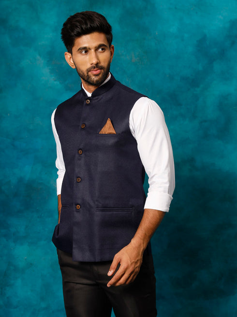 Vastramay Men's Navy Blue Woven Nehru Jacket